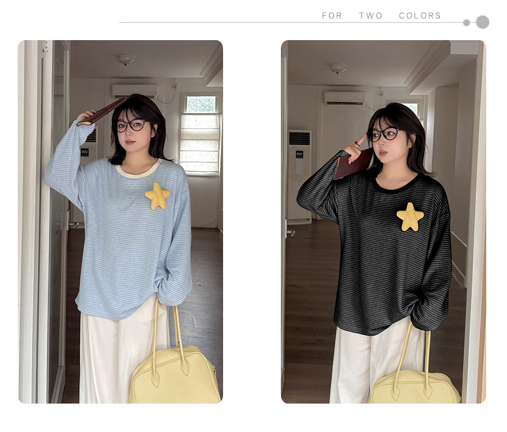 大きいサイズ レディース 星飾り付きラウンドネックニット長袖ストライプTシャツ LL 3L 4L 5L
