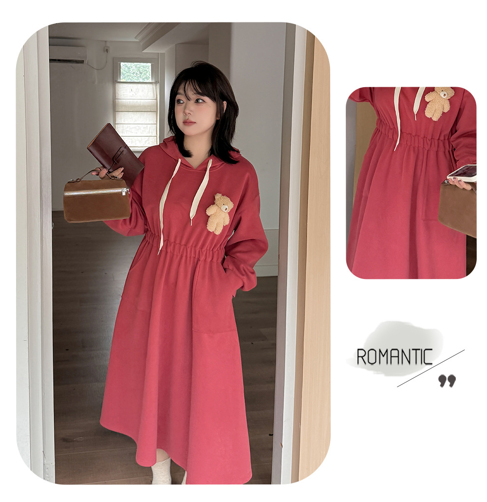 大きいサイズ レディース フード付きベアーマスコット厚手スウェットワンピース LL 3L 4L 5L