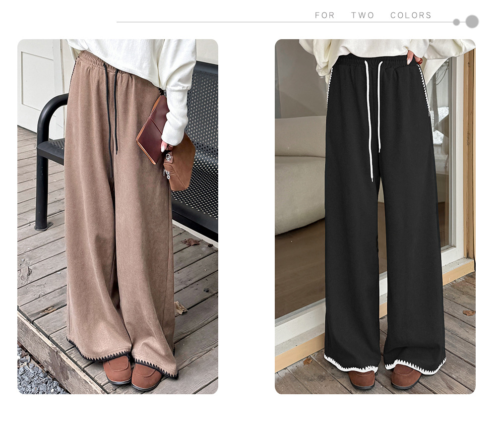 大きいサイズ レディース コントラストステッチウール風ワイドレッグパンツ LL 3L 4L 5L