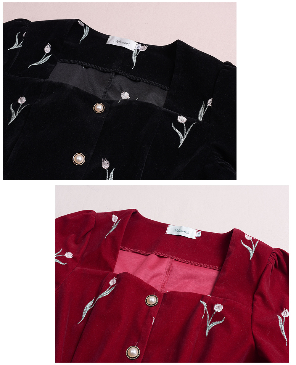 大きいサイズ レディース フレンチスクエアネックチューリップ刺繍ベルベットワンピース LL 3L 4L 5L