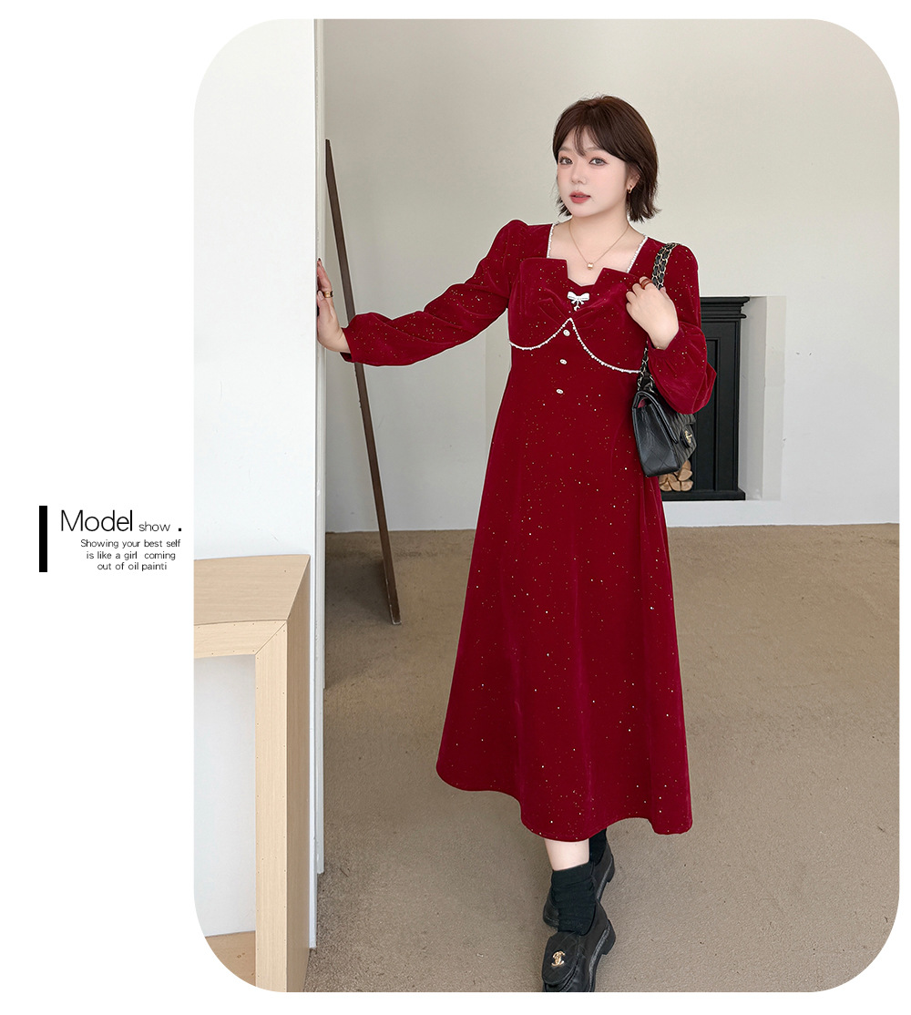 大きいサイズ レディース スクエアネックリボンビーズスパンコールベルベットワンピース LL 3L 4L 5L