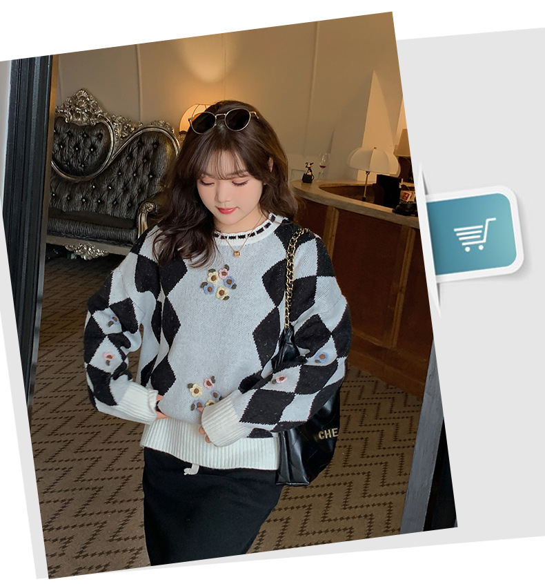 大きいサイズ レディース ラウンドネックレトロ小花ダイヤ柄プルオーバーセーター LL 3L 4L