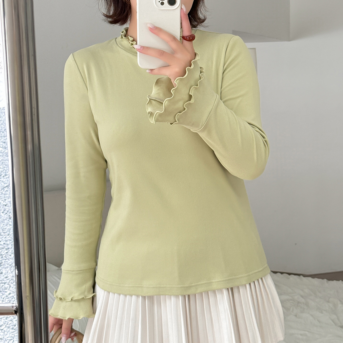 大きいサイズ レディース フリルネックスリムフィット長袖トップス LL 3L 4L 5L