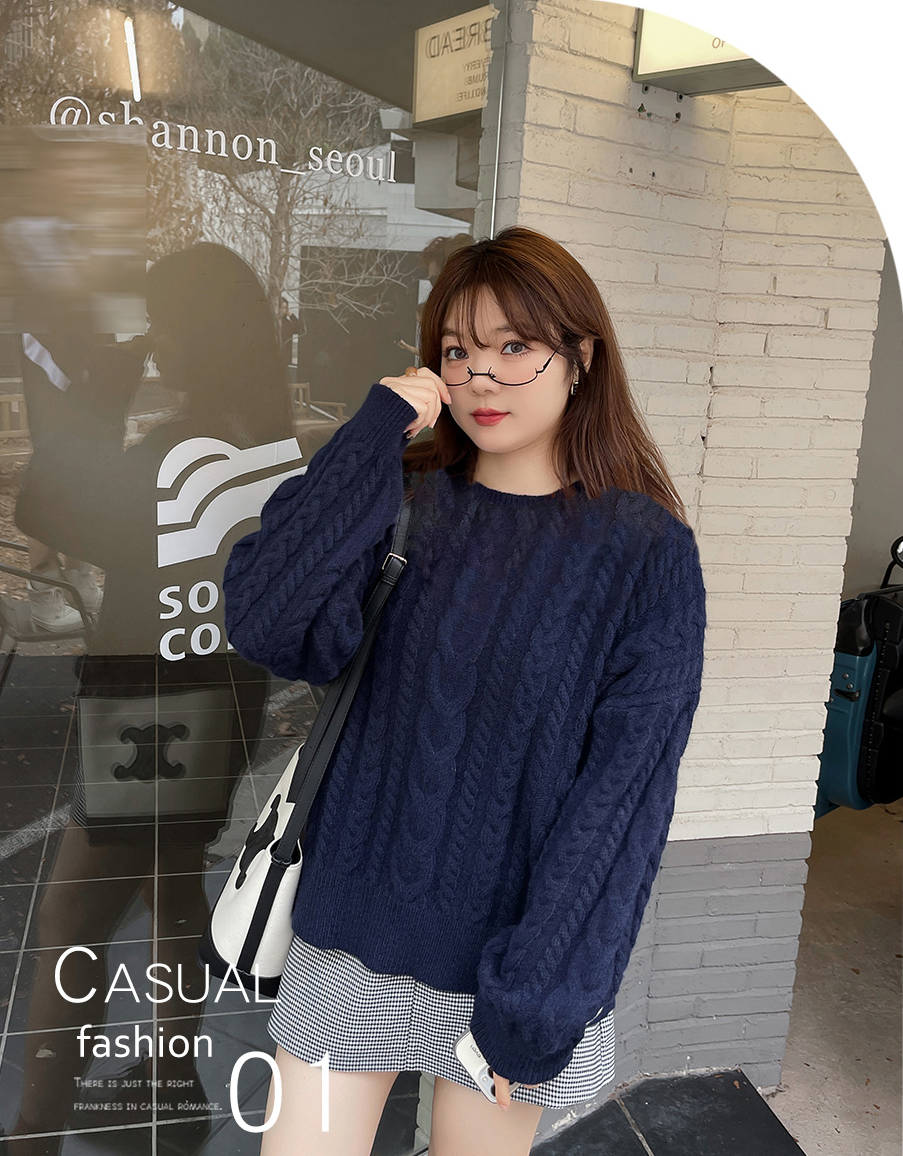 大きいサイズ レディース ラウンドネックケーブル編みカレッジスタイルセーター LL 3L 4L