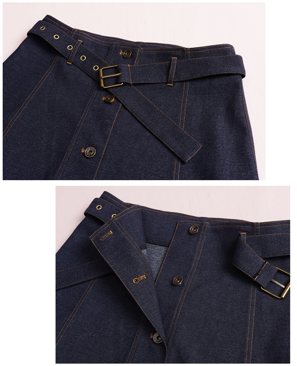 大きいサイズ レディース 起毛フェイクデニムベルト付ボタンダウンロングスカート LL 3L 4L 5L