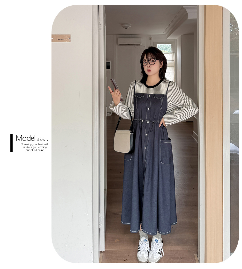 大きいサイズ レディース フェイクツーピースワンピース（ストライプシャツ＋デニムワンピース） LL 3L 4L 5L