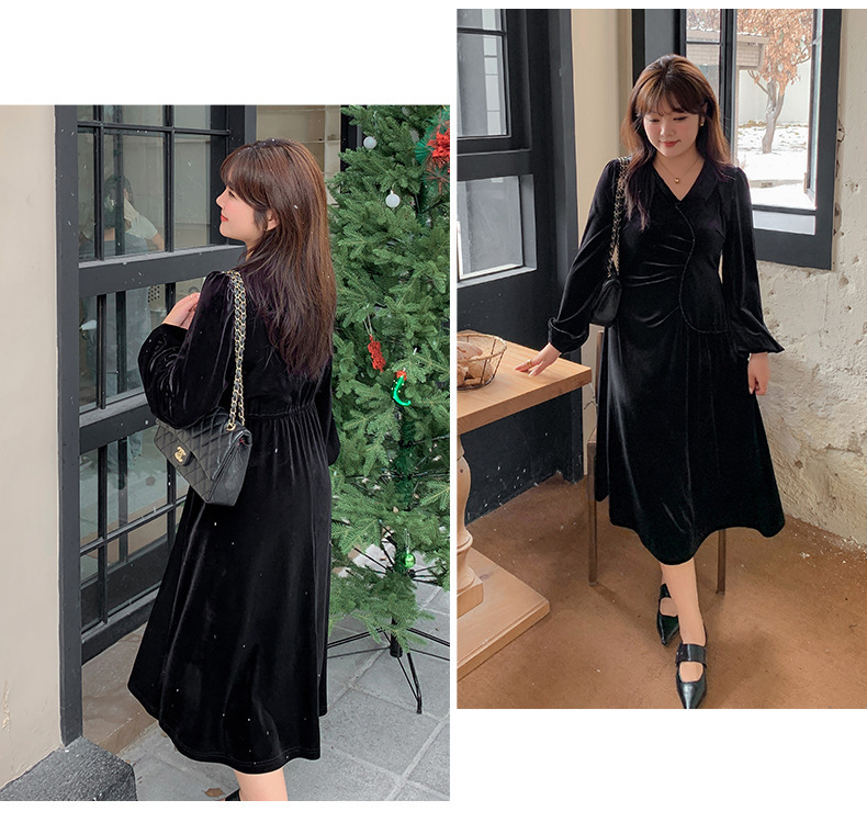 大きいサイズ レディース Vネックラインストーン装飾エレガントベルベットワンピース LL 3L 4L 5L