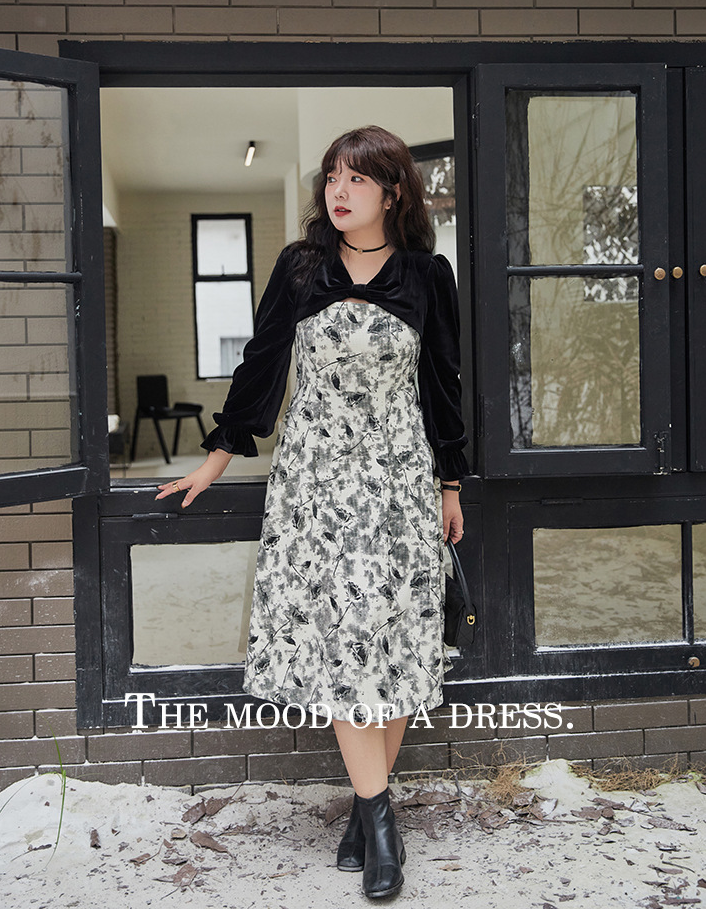 大きいサイズ レディース エレガントベルベットリボンプリントワンピース LL 3L 4L 5L