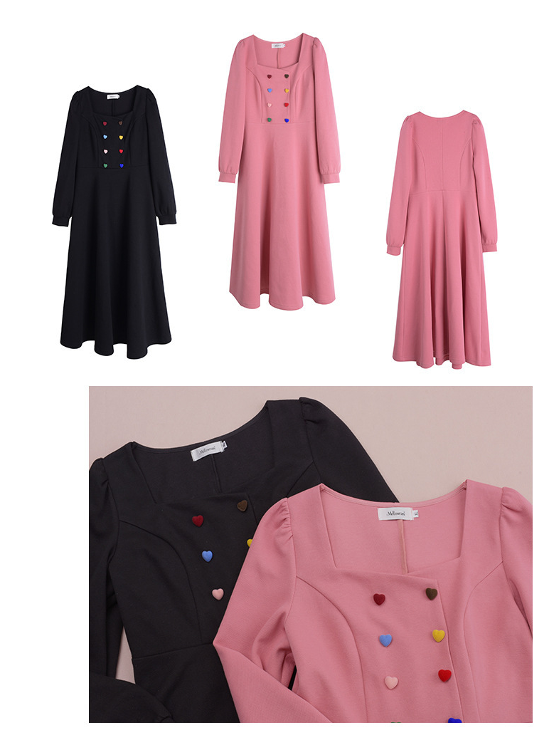 大きいサイズ レディース キャンディーカラーハートボタン付きスクエアネックフレンチワンピース LL 3L 4L 5L