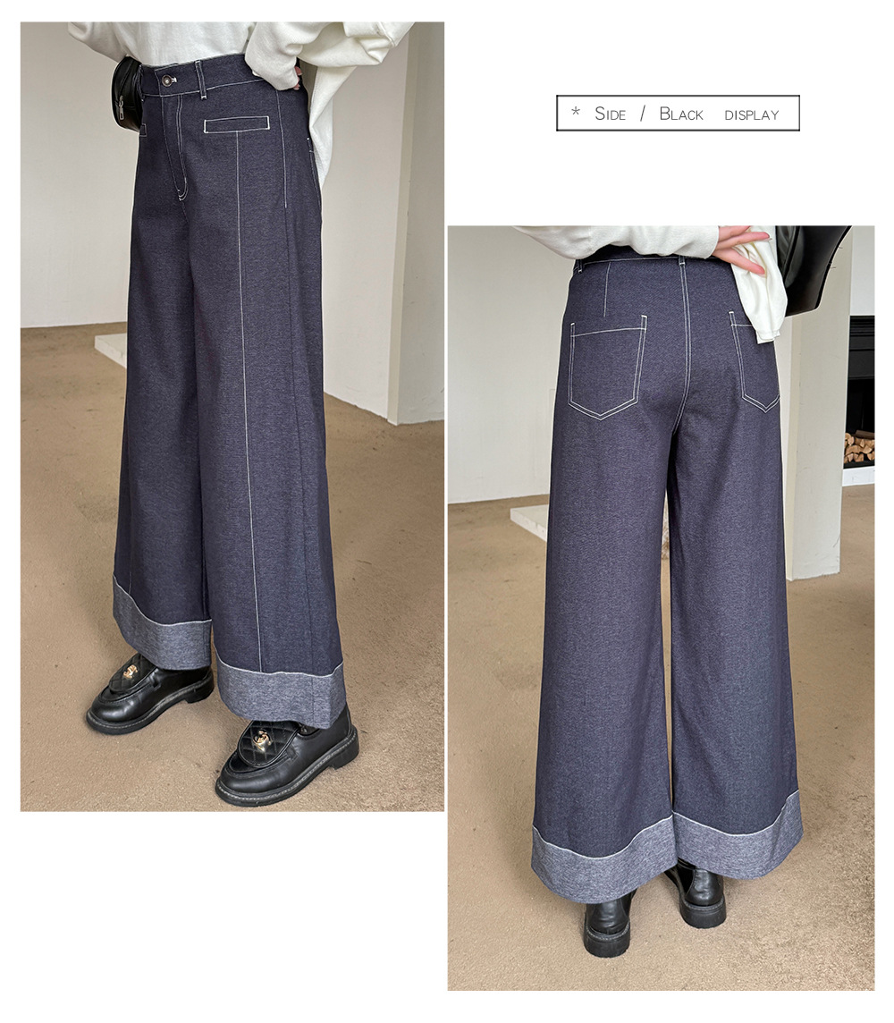 大きいサイズ レディース フェイクデニム折り返しワイドレッグパンツ LL 3L 4L 5L