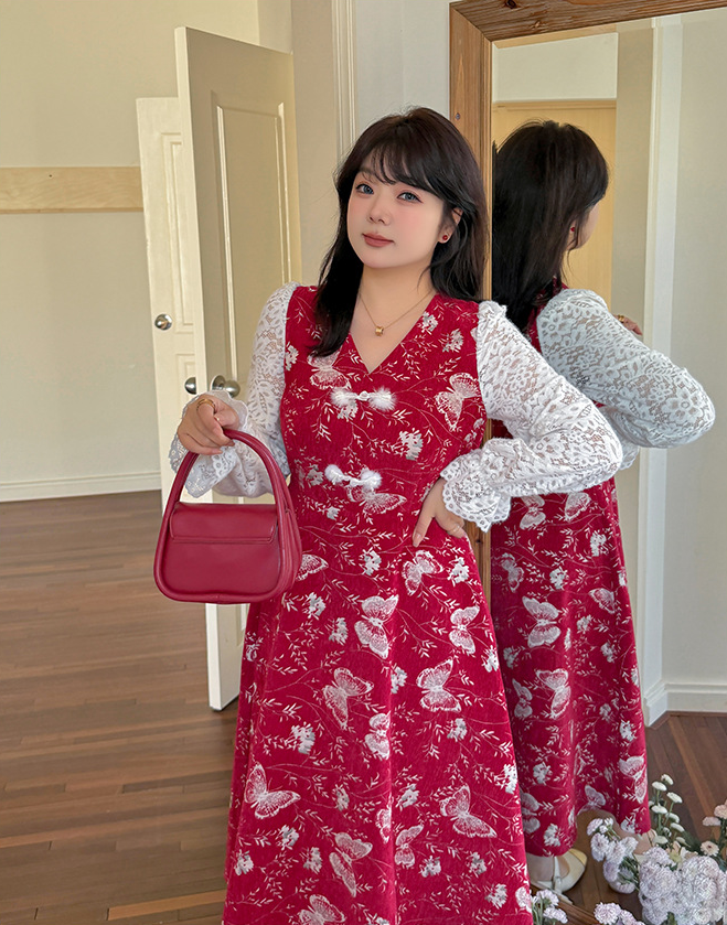 大きいサイズ レディース フェイクツーピースバタフライ刺繍レースワンピース LL 3L 4L 5L