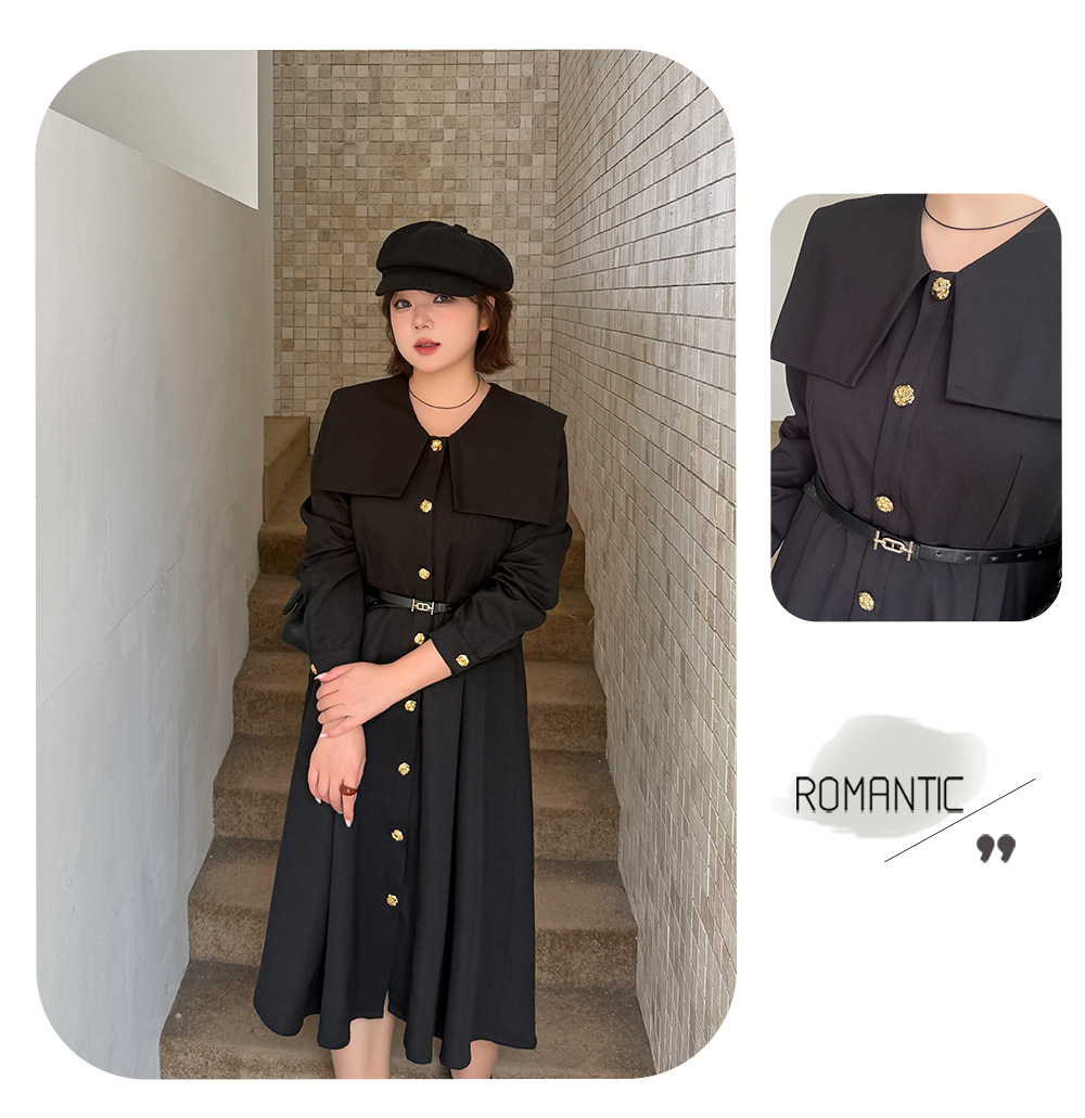 大きいサイズ レディース ビックラペルボタンダウンブラックワンピース（ベルト別売） LL 3L 4L 5L