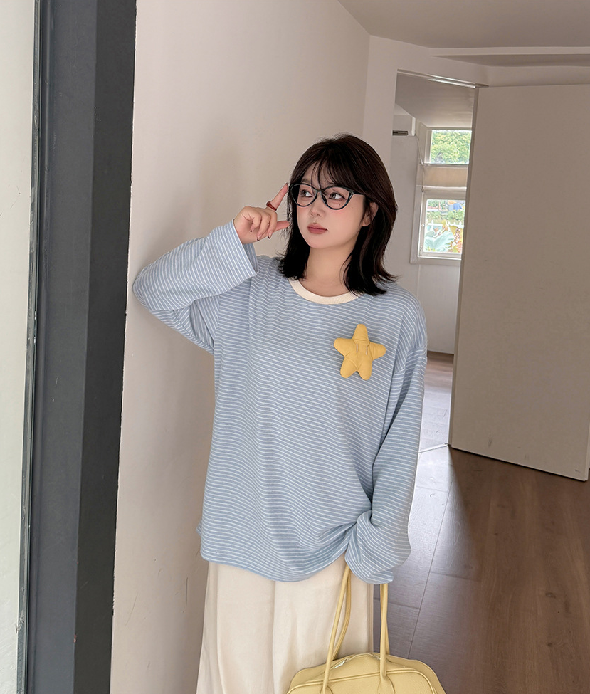 大きいサイズ レディース 星飾り付きラウンドネックニット長袖ストライプTシャツ LL 3L 4L 5L