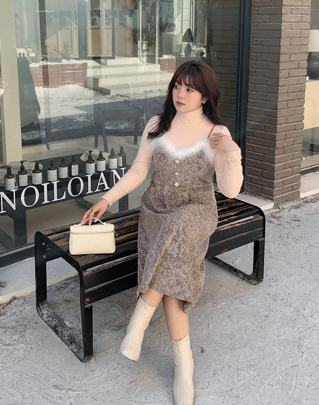 大きいサイズ レディース  ファーベルベットスリップワンピースヴィンテージプリント LL 3L 4L 5L