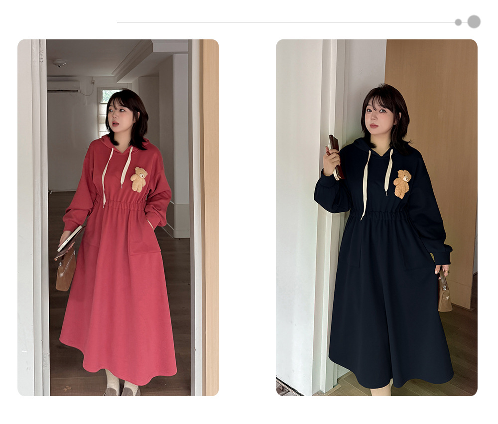 大きいサイズ レディース フード付きベアーマスコット厚手スウェットワンピース LL 3L 4L 5L