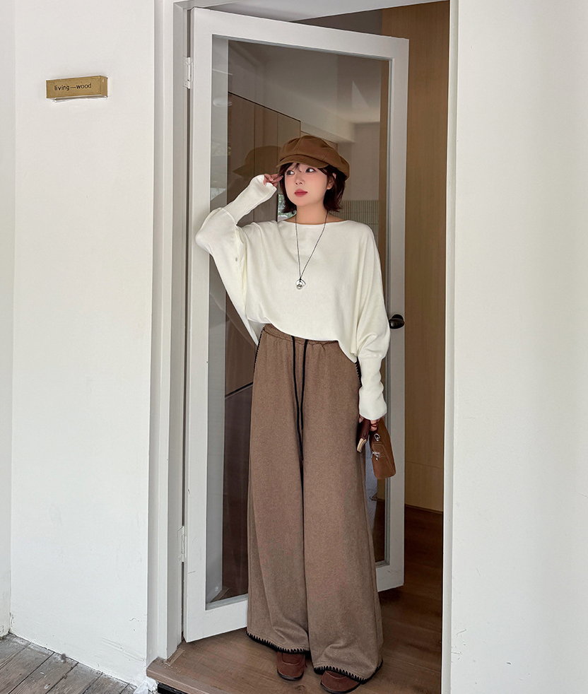 大きいサイズ レディース コントラストステッチウール風ワイドレッグパンツ LL 3L 4L 5L