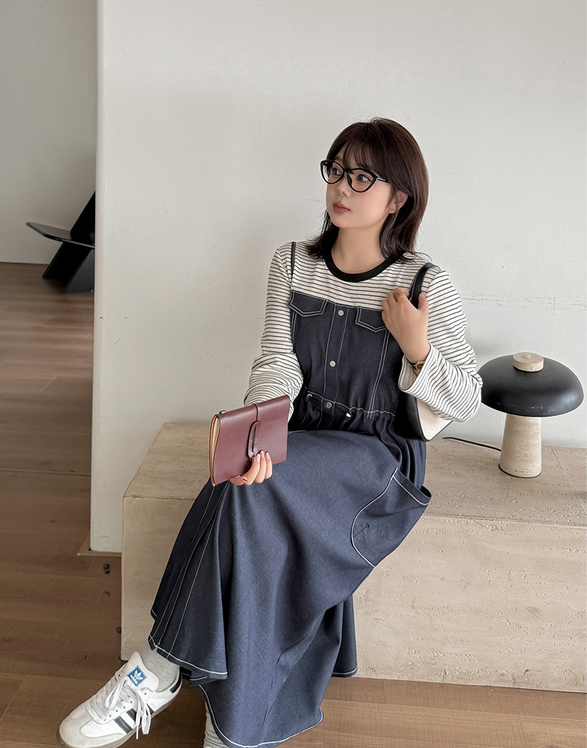 大きいサイズ レディース フェイクツーピースワンピース（ストライプシャツ＋デニムワンピース） LL 3L 4L 5L