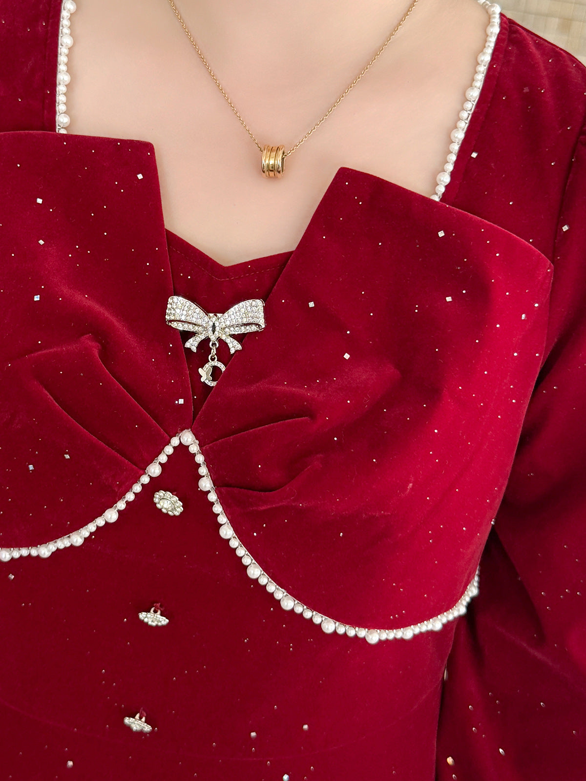 大きいサイズ レディース スクエアネックリボンビーズスパンコールベルベットワンピース LL 3L 4L 5L