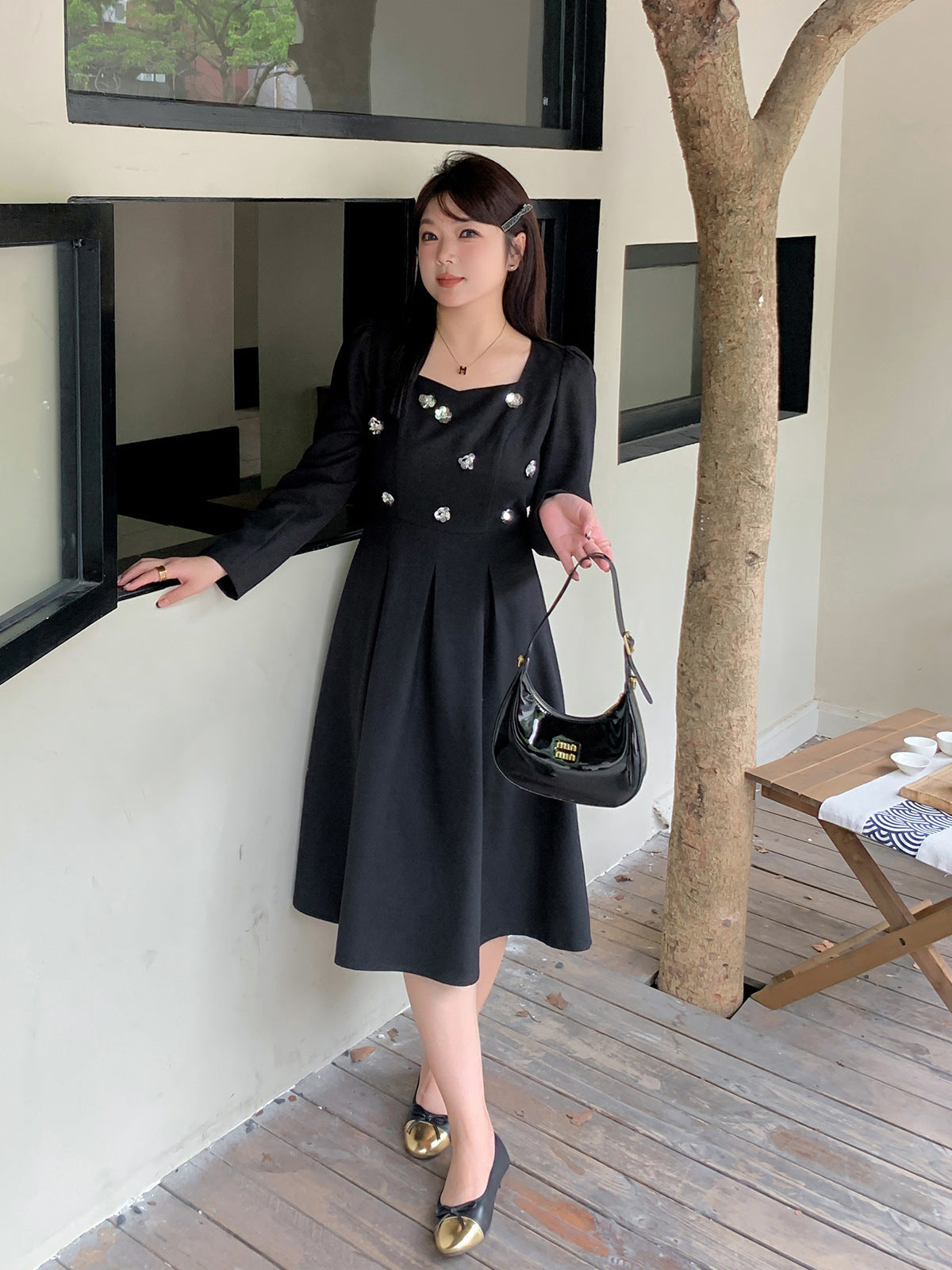 大きいサイズ レディース スパンコールスクエアネックブラックワンピース LL 3L 4L 5L