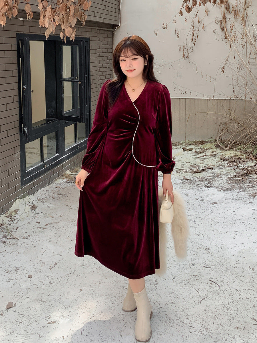 大きいサイズ レディース Vネックラインストーン装飾エレガントベルベットワンピース LL 3L 4L 5L