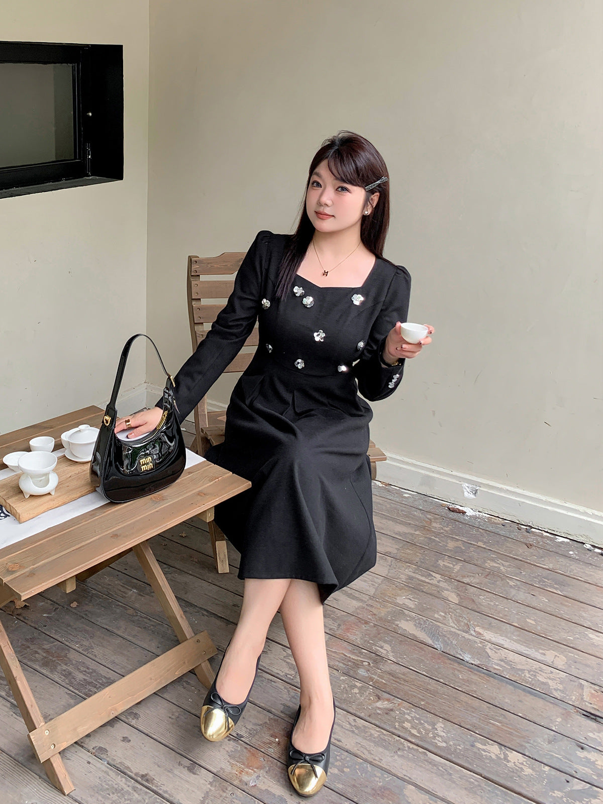 大きいサイズ レディース スパンコールスクエアネックブラックワンピース LL 3L 4L 5L