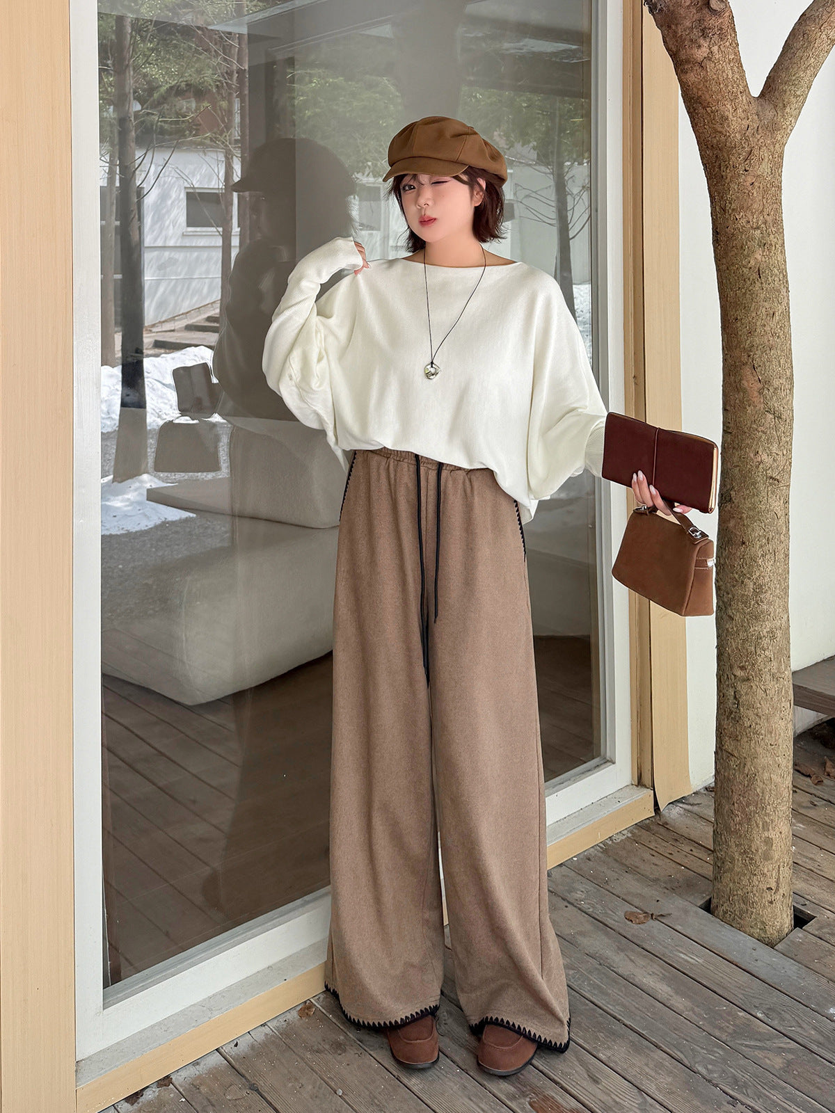 大きいサイズ レディース コントラストステッチウール風ワイドレッグパンツ LL 3L 4L 5L