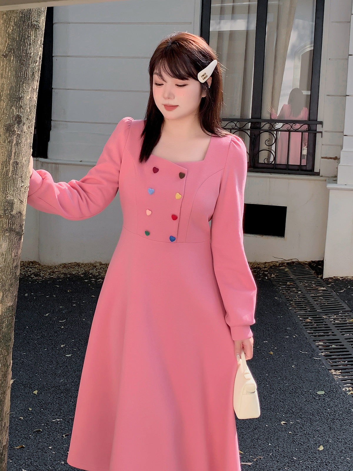 大きいサイズ レディース キャンディーカラーハートボタン付きスクエアネックフレンチワンピース LL 3L 4L 5L