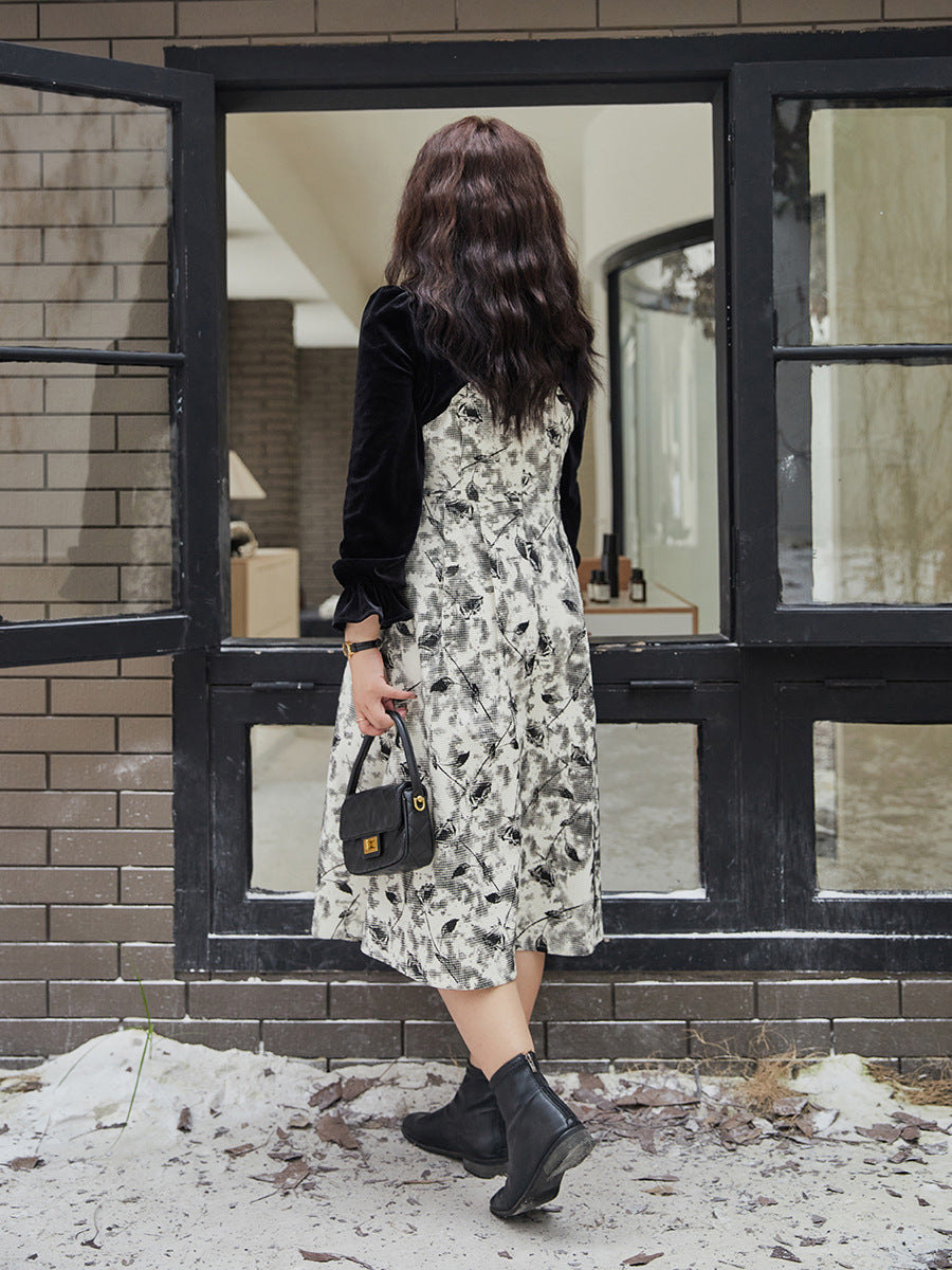 大きいサイズ レディース エレガントベルベットリボンプリントワンピース LL 3L 4L 5L