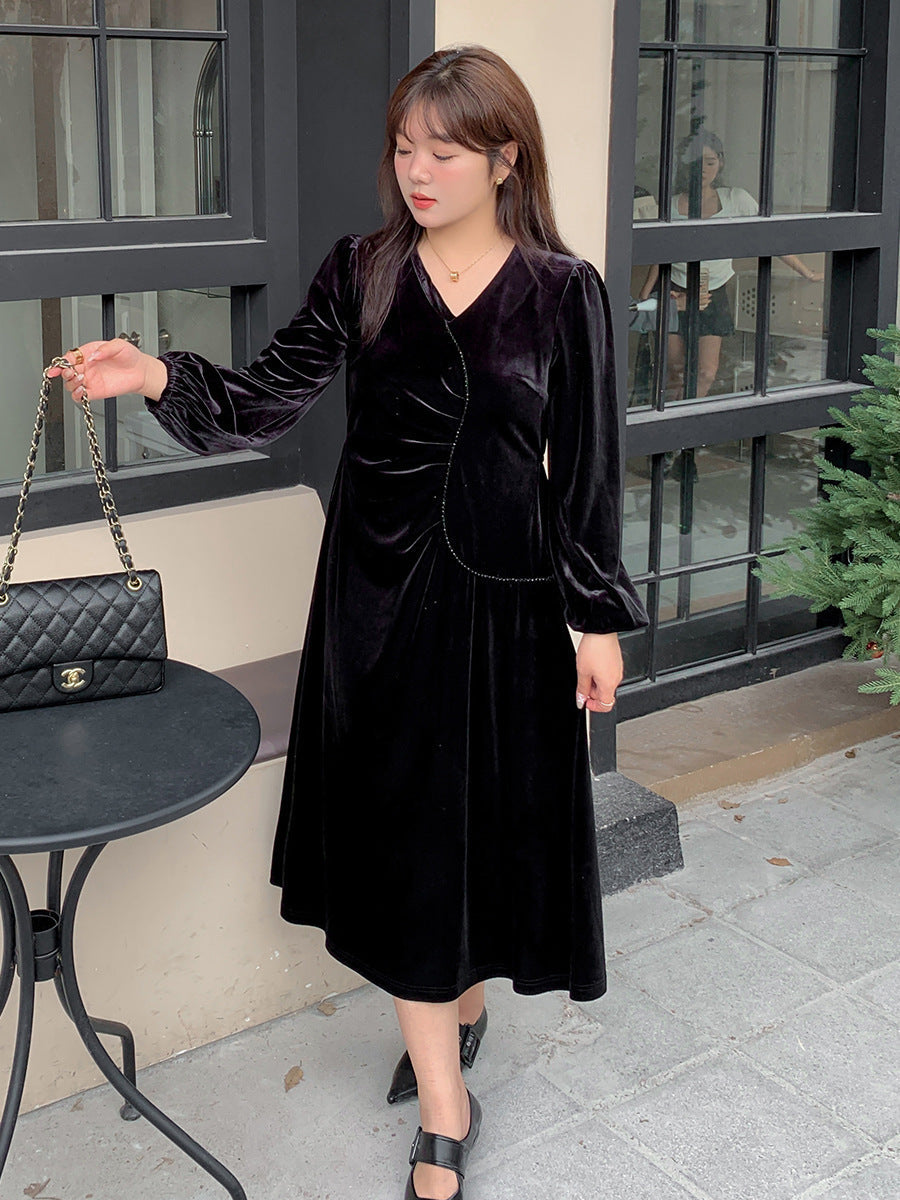 大きいサイズ レディース Vネックラインストーン装飾エレガントベルベットワンピース LL 3L 4L 5L