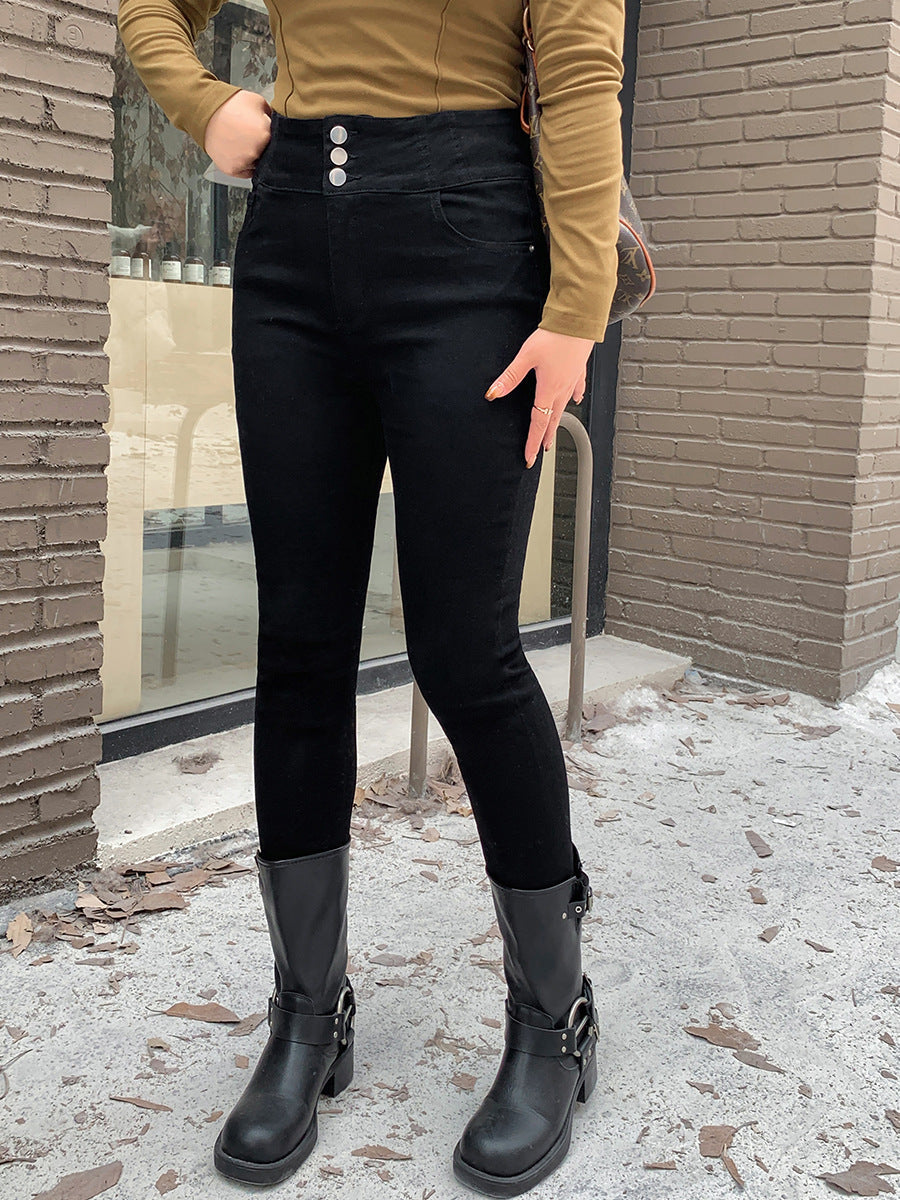 大きいサイズ レディース ハイウエストタイトブラック厚手デニムパンツ LL 3L 4L 5L