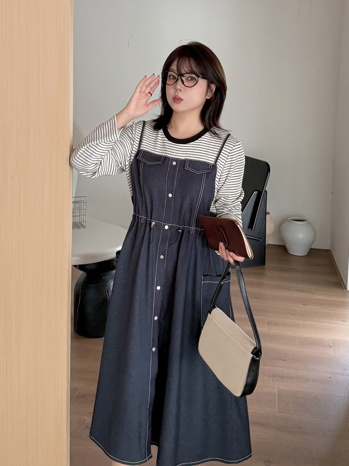 大きいサイズ レディース フェイクツーピースワンピース（ストライプシャツ＋デニムワンピース） LL 3L 4L 5L