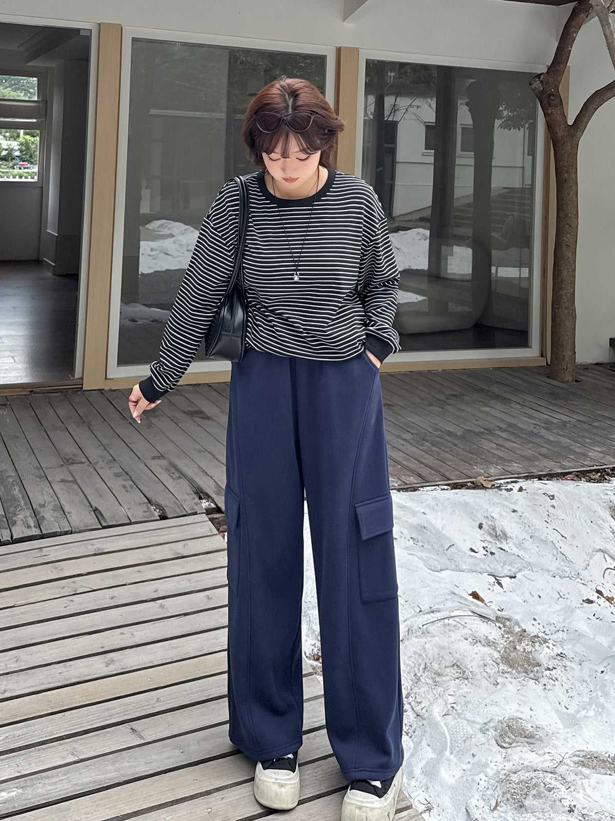 大きいサイズ レディース ラウンドネックカジュアルボーダーフリースシャツ LL 3L 4L 5L