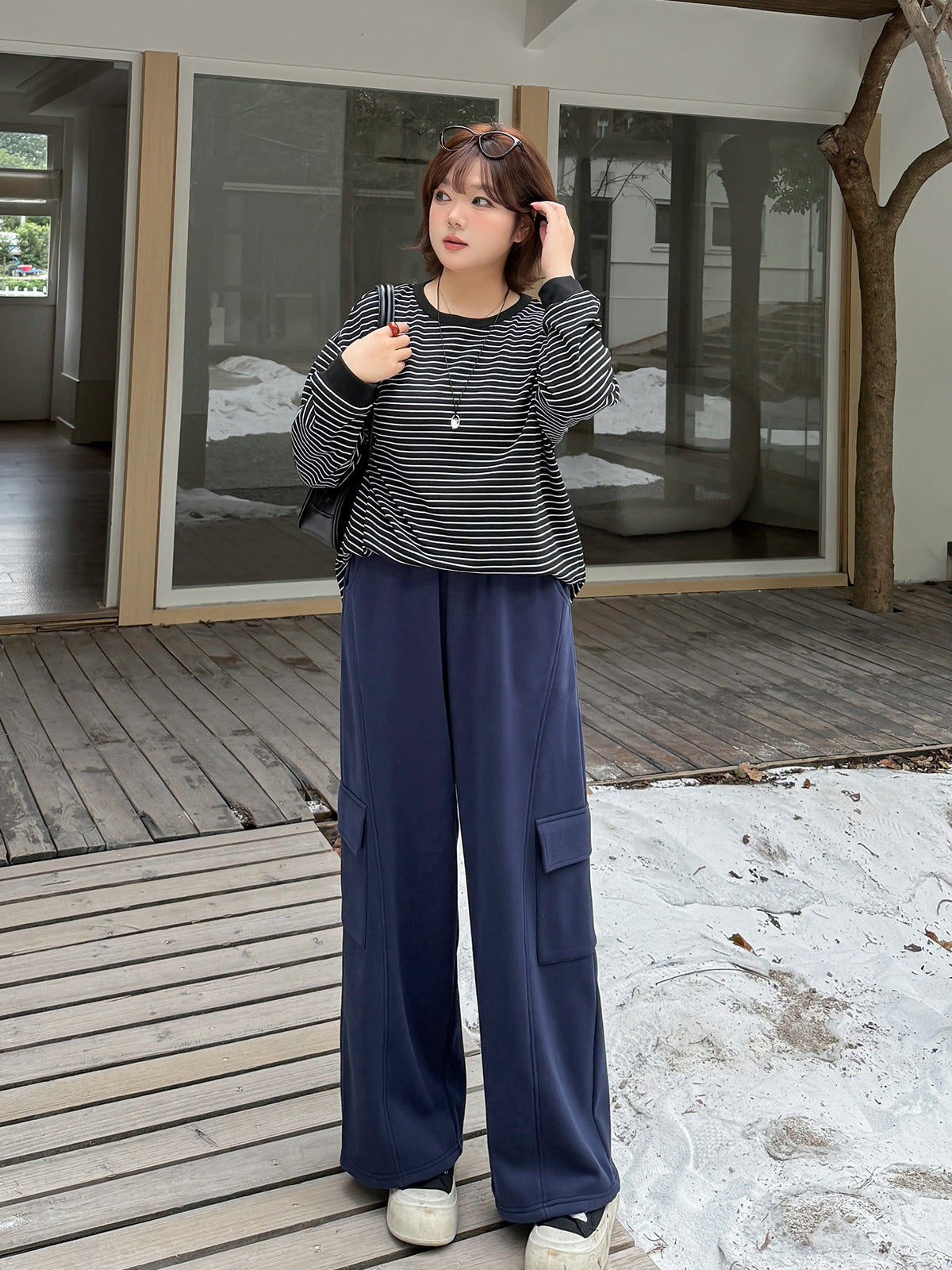 大きいサイズ レディース ラウンドネックカジュアルボーダーフリースシャツ LL 3L 4L 5L