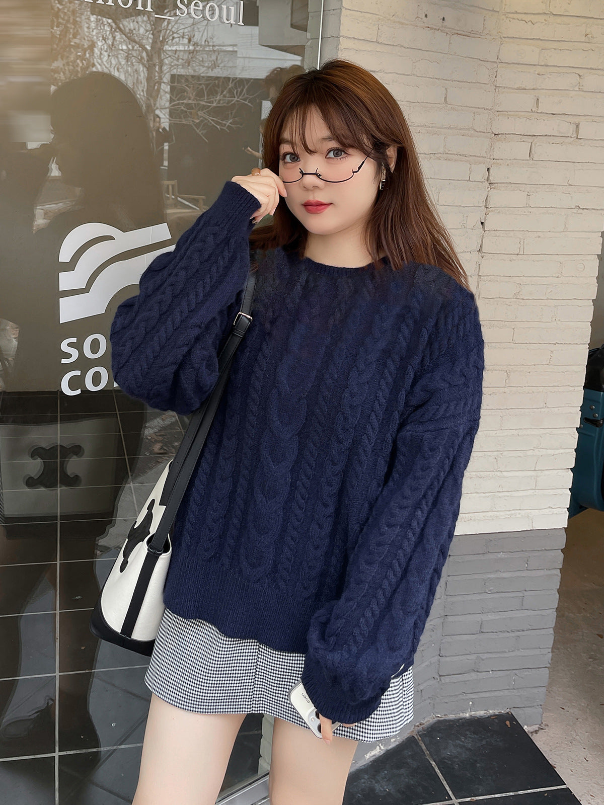 大きいサイズ レディース ラウンドネックケーブル編みカレッジスタイルセーター LL 3L 4L