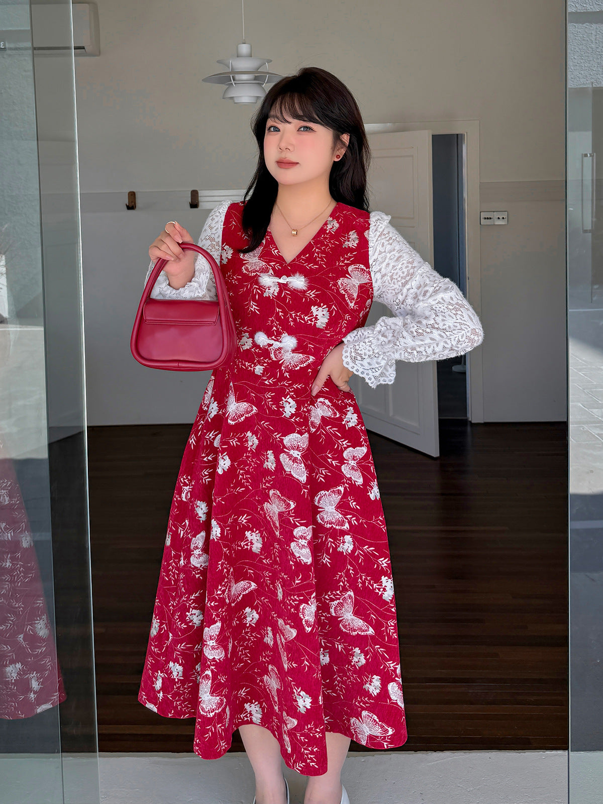 大きいサイズ レディース フェイクツーピースバタフライ刺繍レースワンピース LL 3L 4L 5L