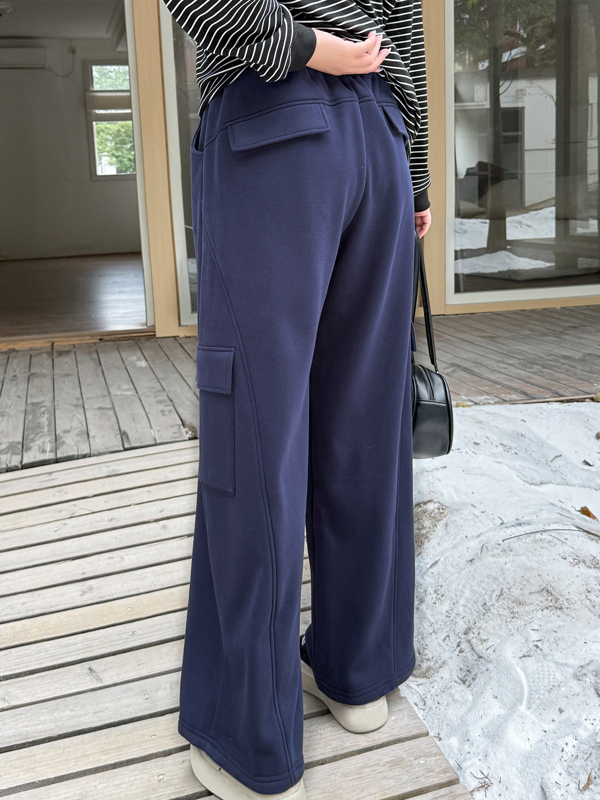 大きいサイズ レディース ニットフリース裏地ワイドレッグカーゴパンツ LL 3L 4L 5L