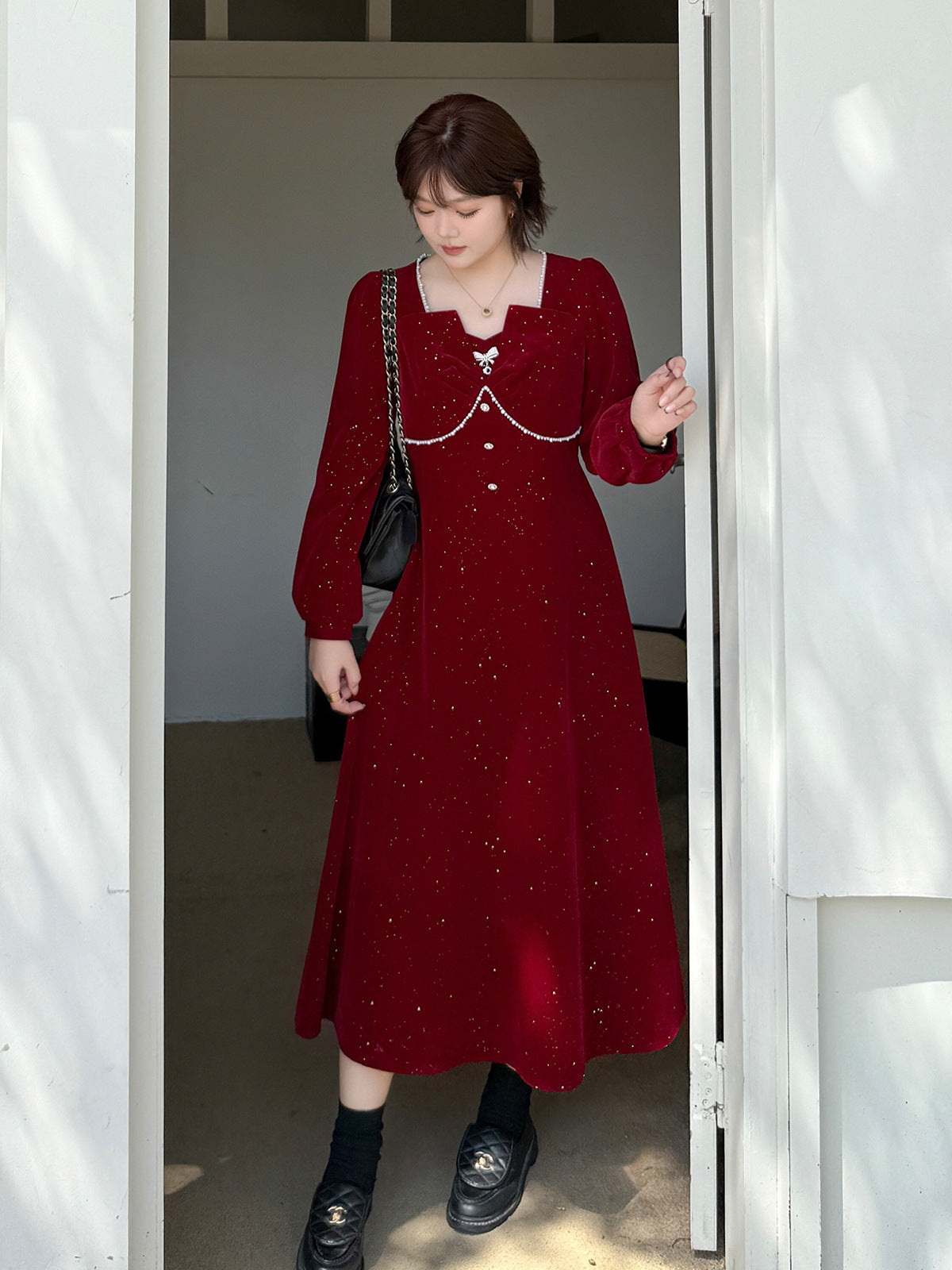 大きいサイズ レディース スクエアネックリボンビーズスパンコールベルベットワンピース LL 3L 4L 5L