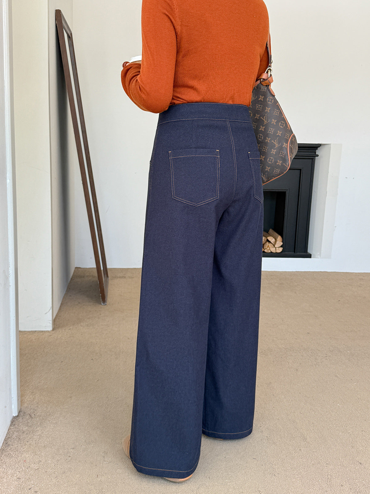 大きいサイズ レディース デニム風プリーツストレートワイドレッグパンツ LL 3L 4L 5L