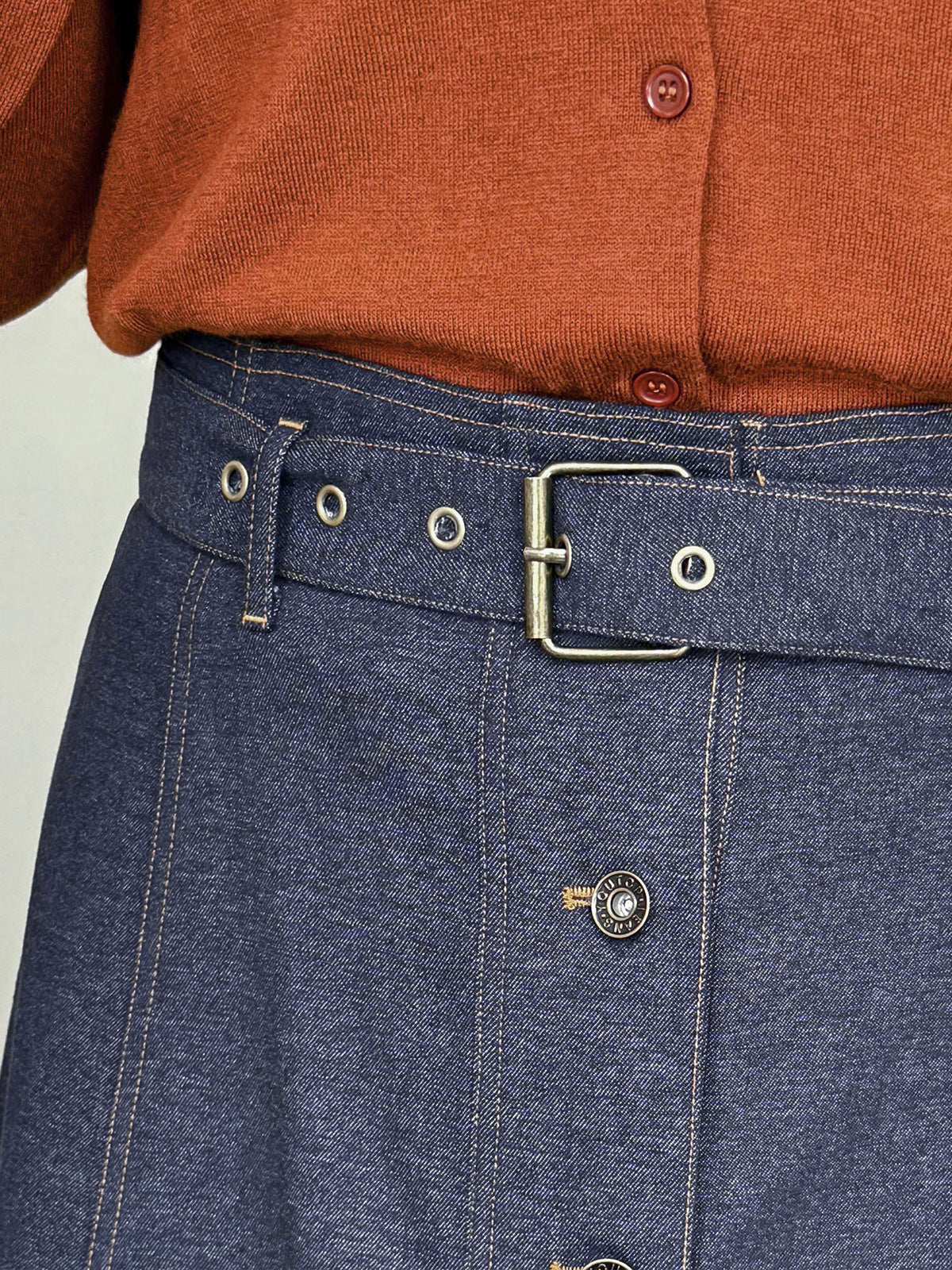 大きいサイズ レディース 起毛フェイクデニムベルト付ボタンダウンロングスカート LL 3L 4L 5L