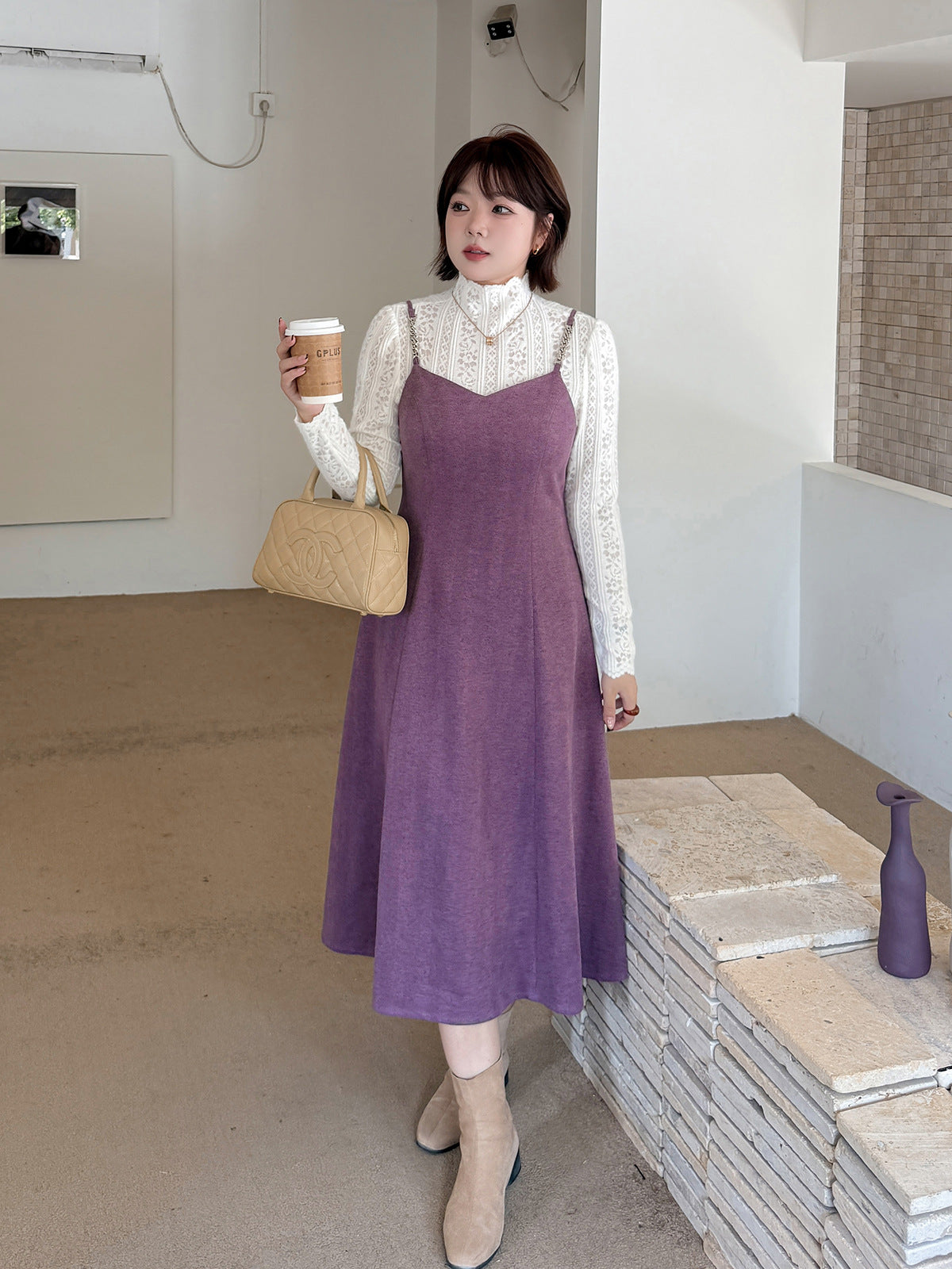 大きいサイズ レディース ツーピースセット（レーストップス+スリップワンピース） LL 3L 4L 5L