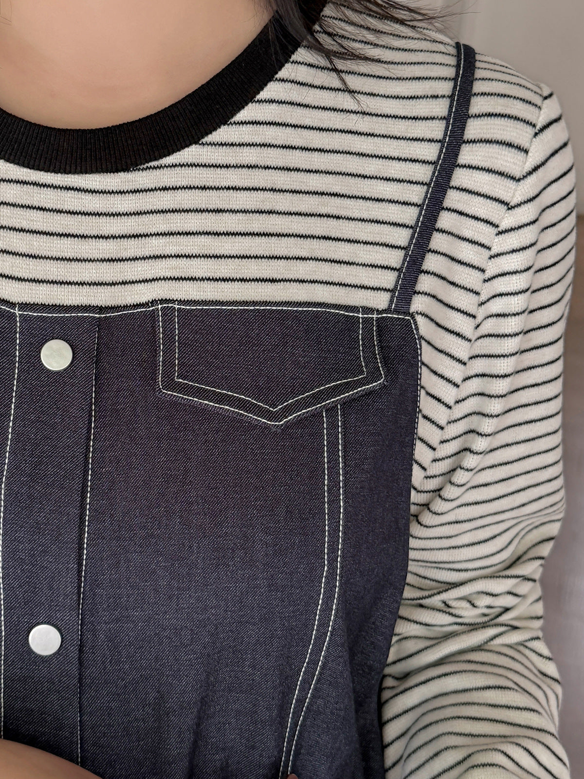 大きいサイズ レディース フェイクツーピースワンピース（ストライプシャツ＋デニムワンピース） LL 3L 4L 5L