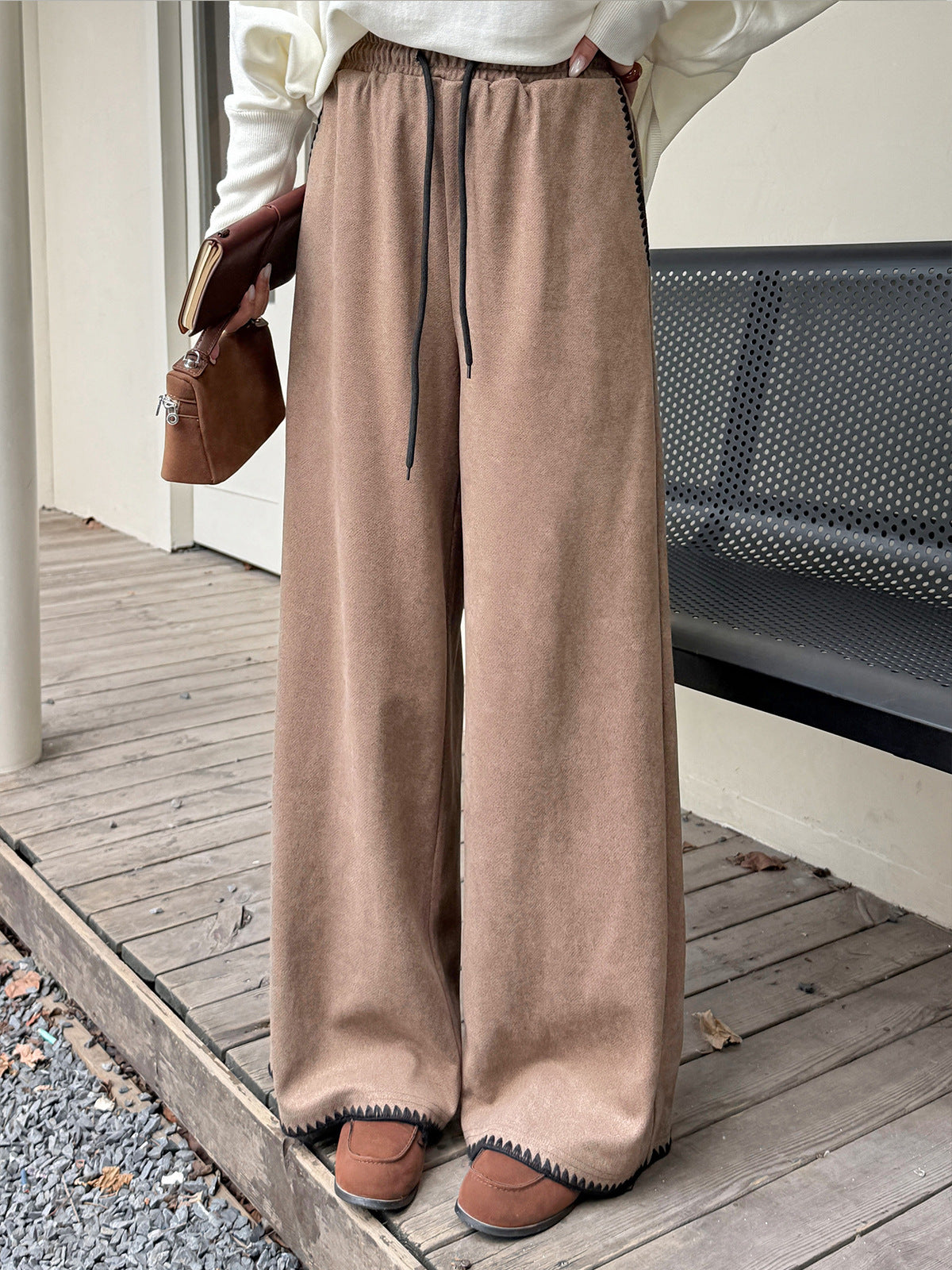 大きいサイズ レディース コントラストステッチウール風ワイドレッグパンツ LL 3L 4L 5L