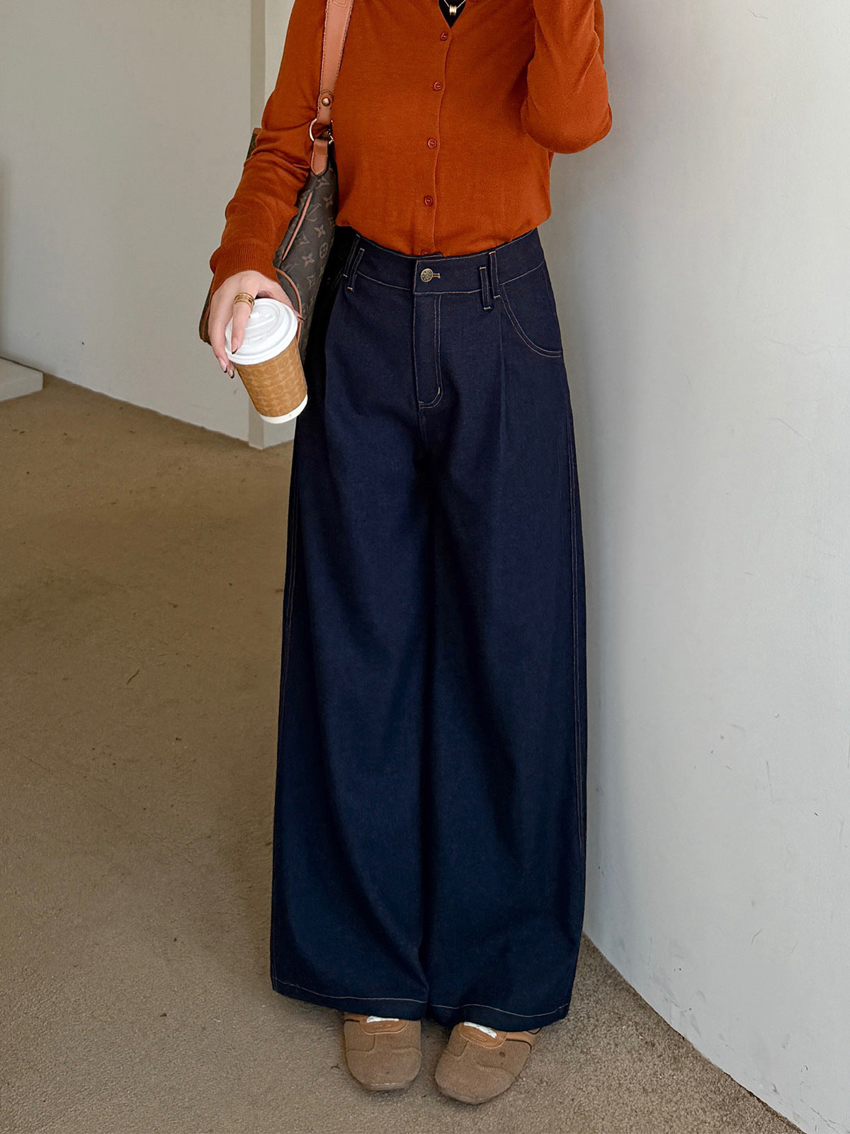 大きいサイズ レディース デニム風プリーツストレートワイドレッグパンツ LL 3L 4L 5L