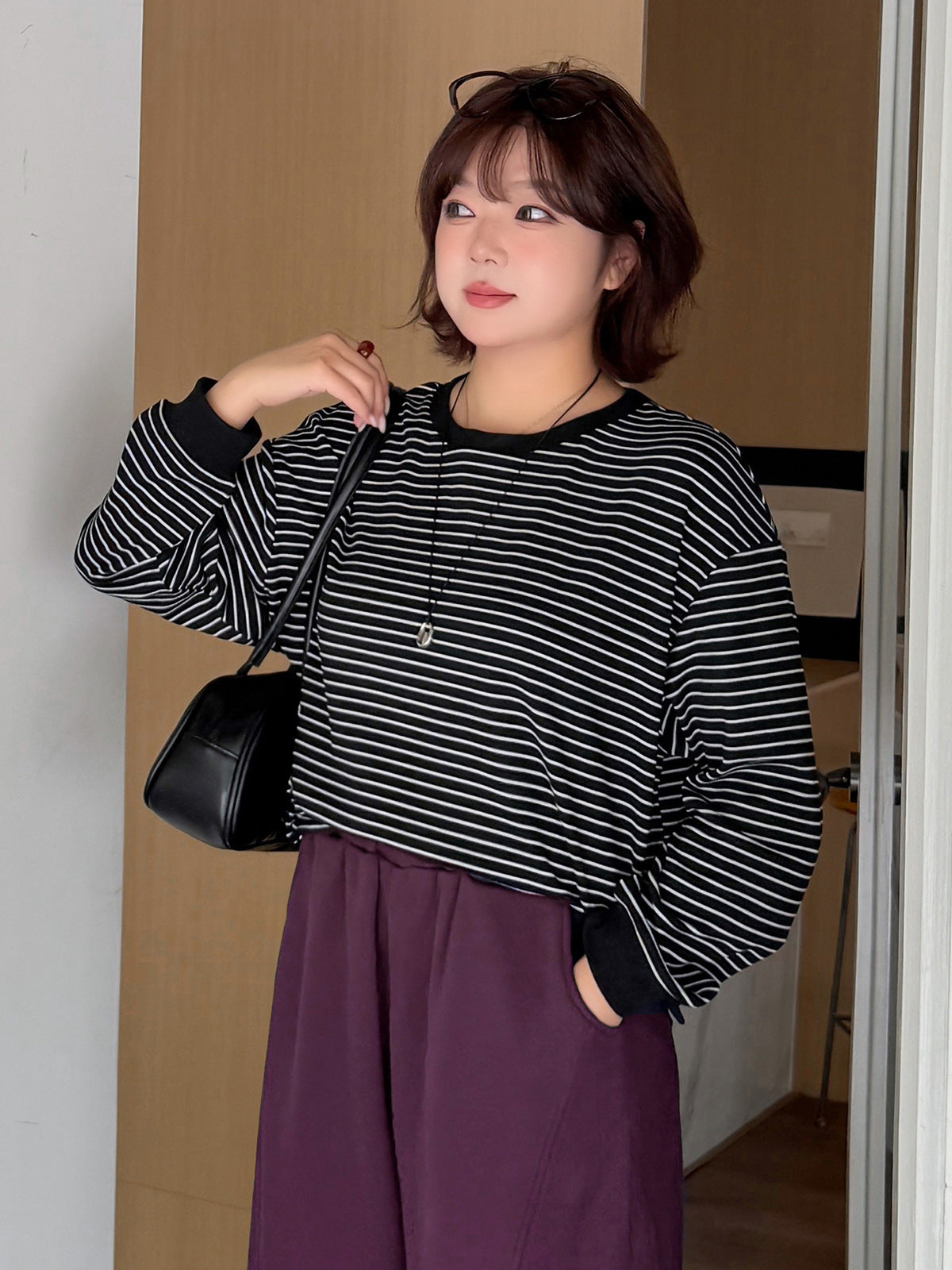 大きいサイズ レディース ラウンドネックカジュアルボーダーフリースシャツ LL 3L 4L 5L