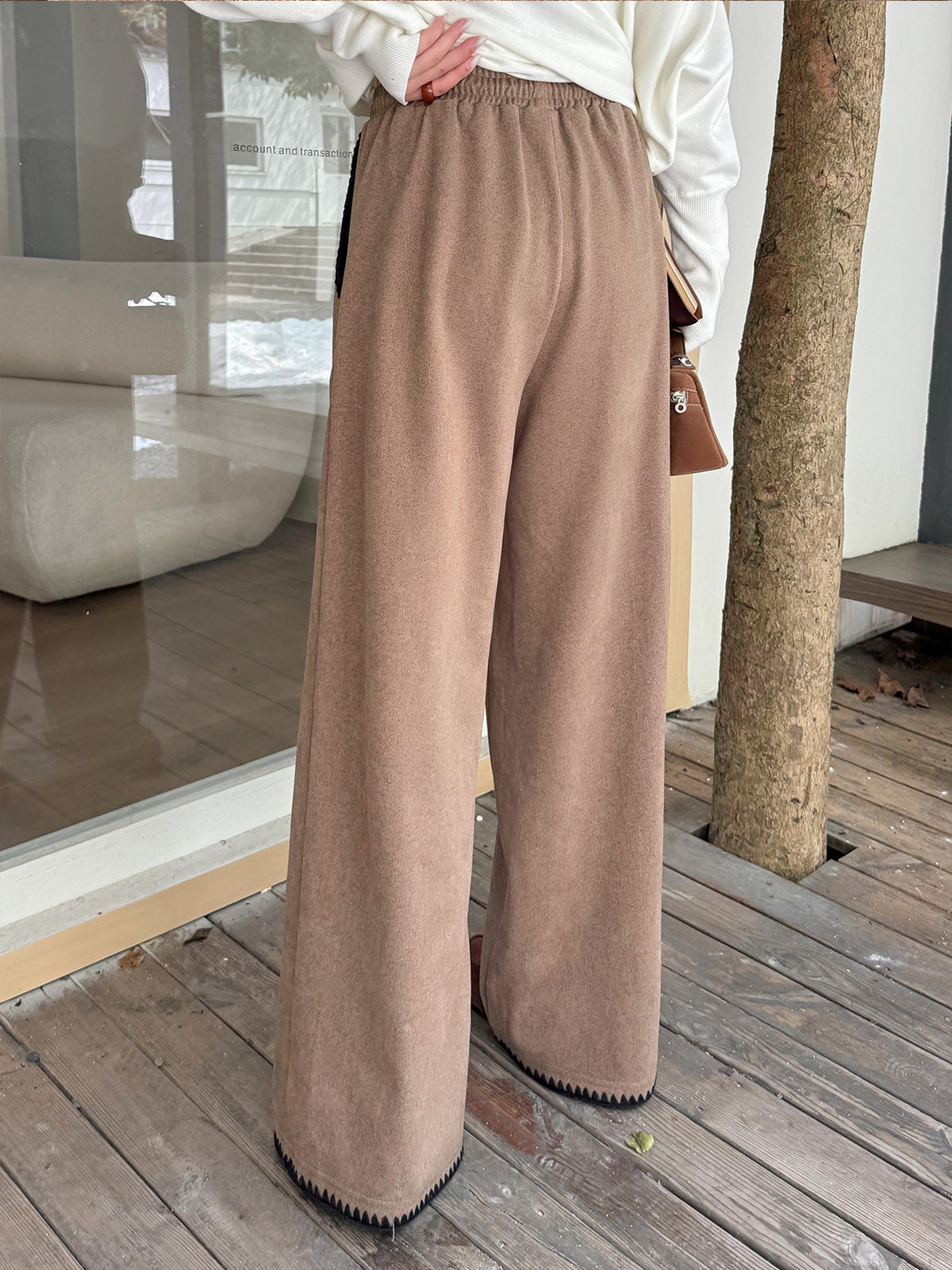 大きいサイズ レディース コントラストステッチウール風ワイドレッグパンツ LL 3L 4L 5L