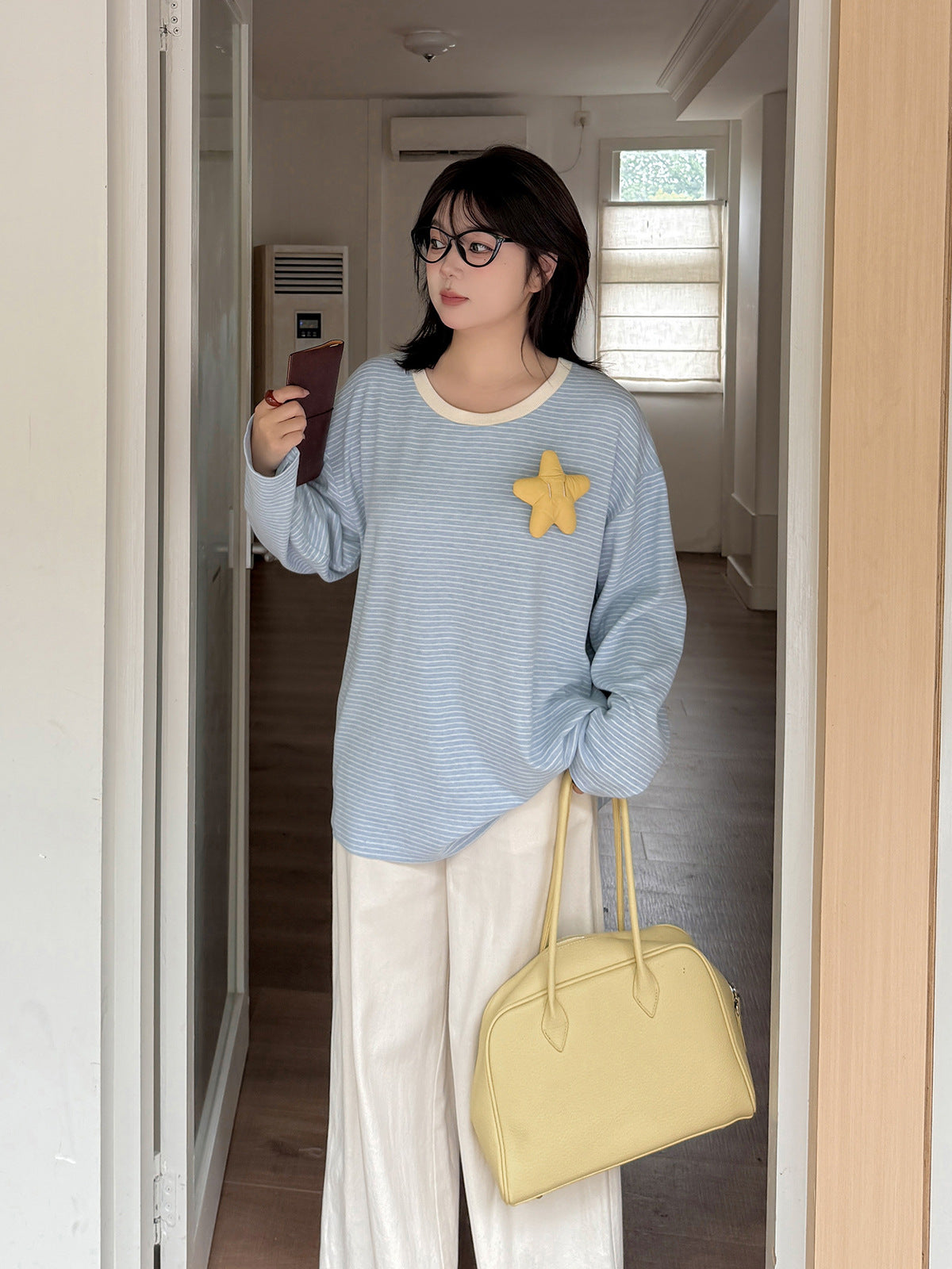 大きいサイズ レディース 星飾り付きラウンドネックニット長袖ストライプTシャツ LL 3L 4L 5L