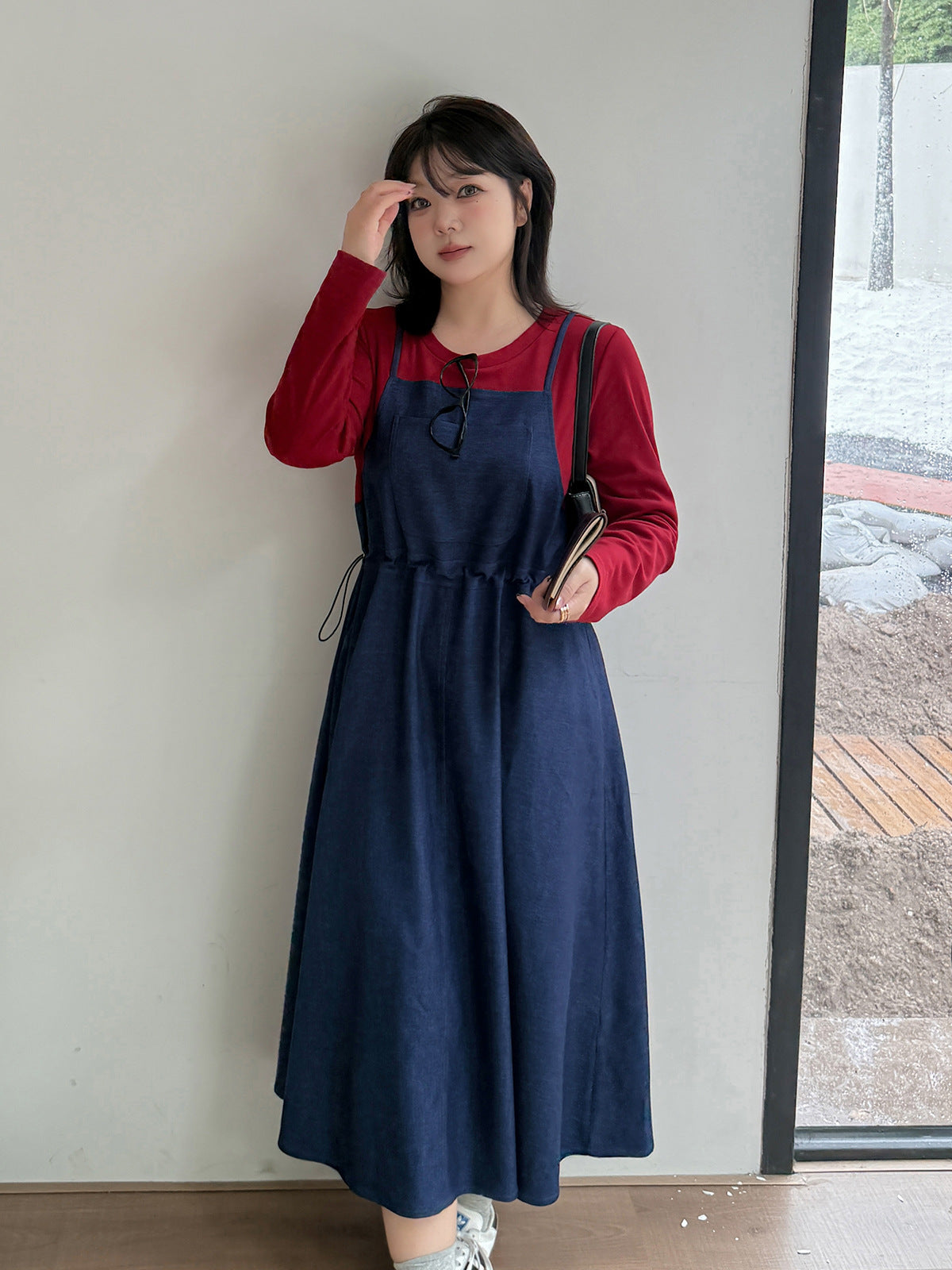 大きいサイズ レディース  フェイクツーピースワンピース（ニットインナー+デニムジャンパースカート） LL 3L 4L 5L