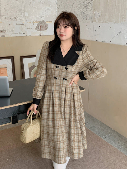 大きいサイズ レディース ブラックラペルフロックリボンチェック柄プリーツワンピース LL 3L 4L 5L