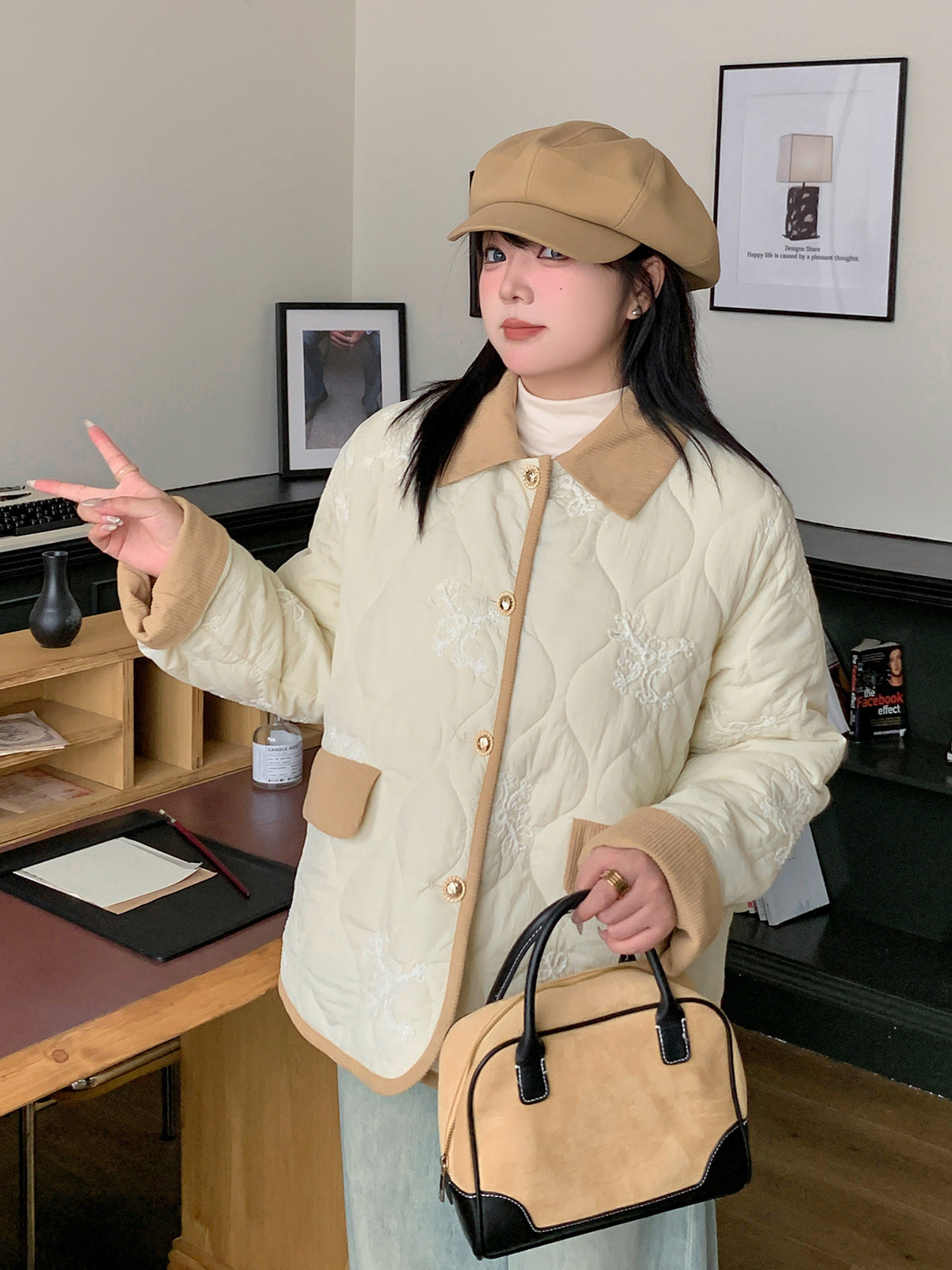 大きいサイズ レディース 刺繍入りキルティングコーデュロイジャケット LL 3L 4L