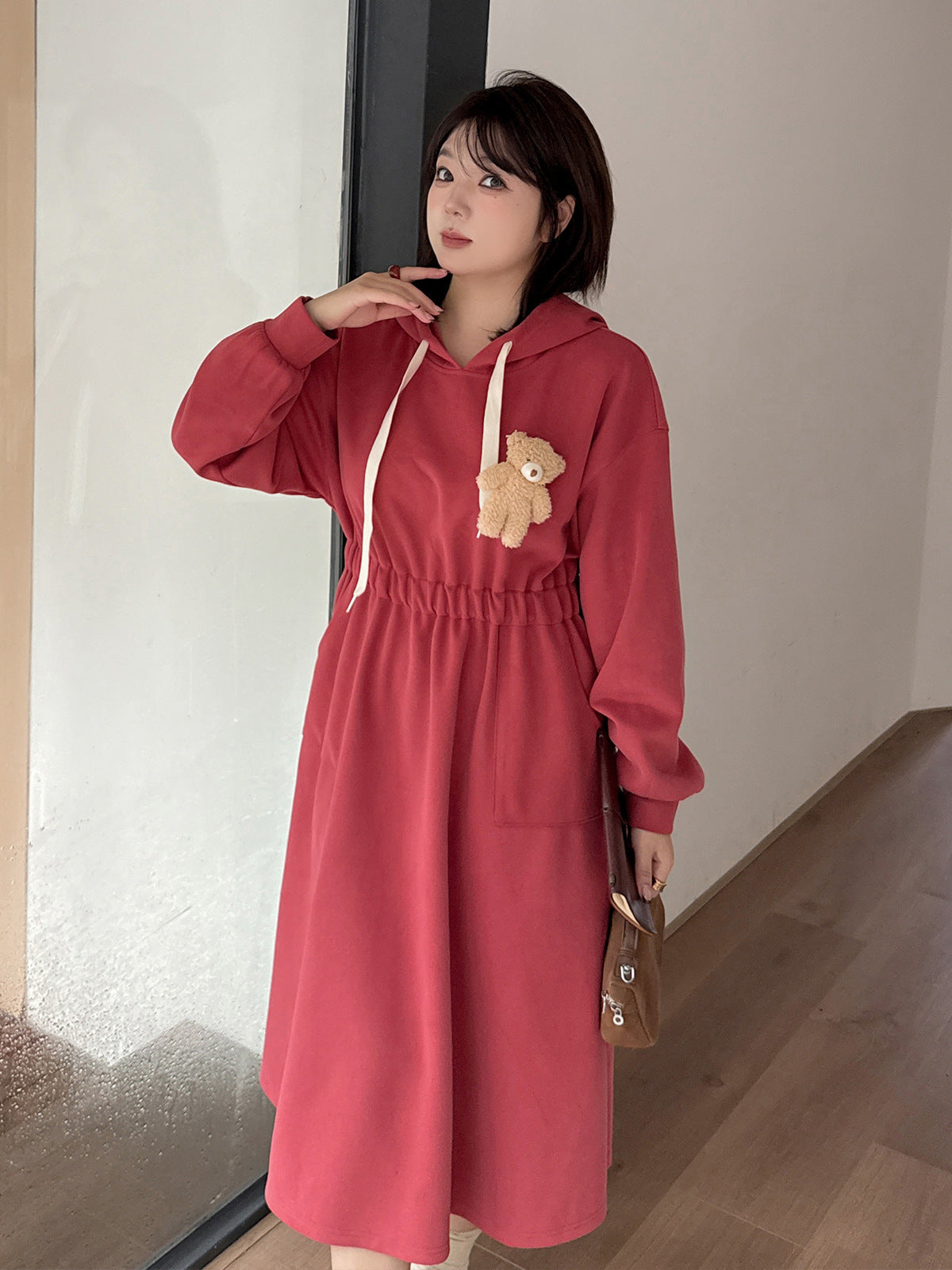 大きいサイズ レディース フード付きベアーマスコット厚手スウェットワンピース LL 3L 4L 5L